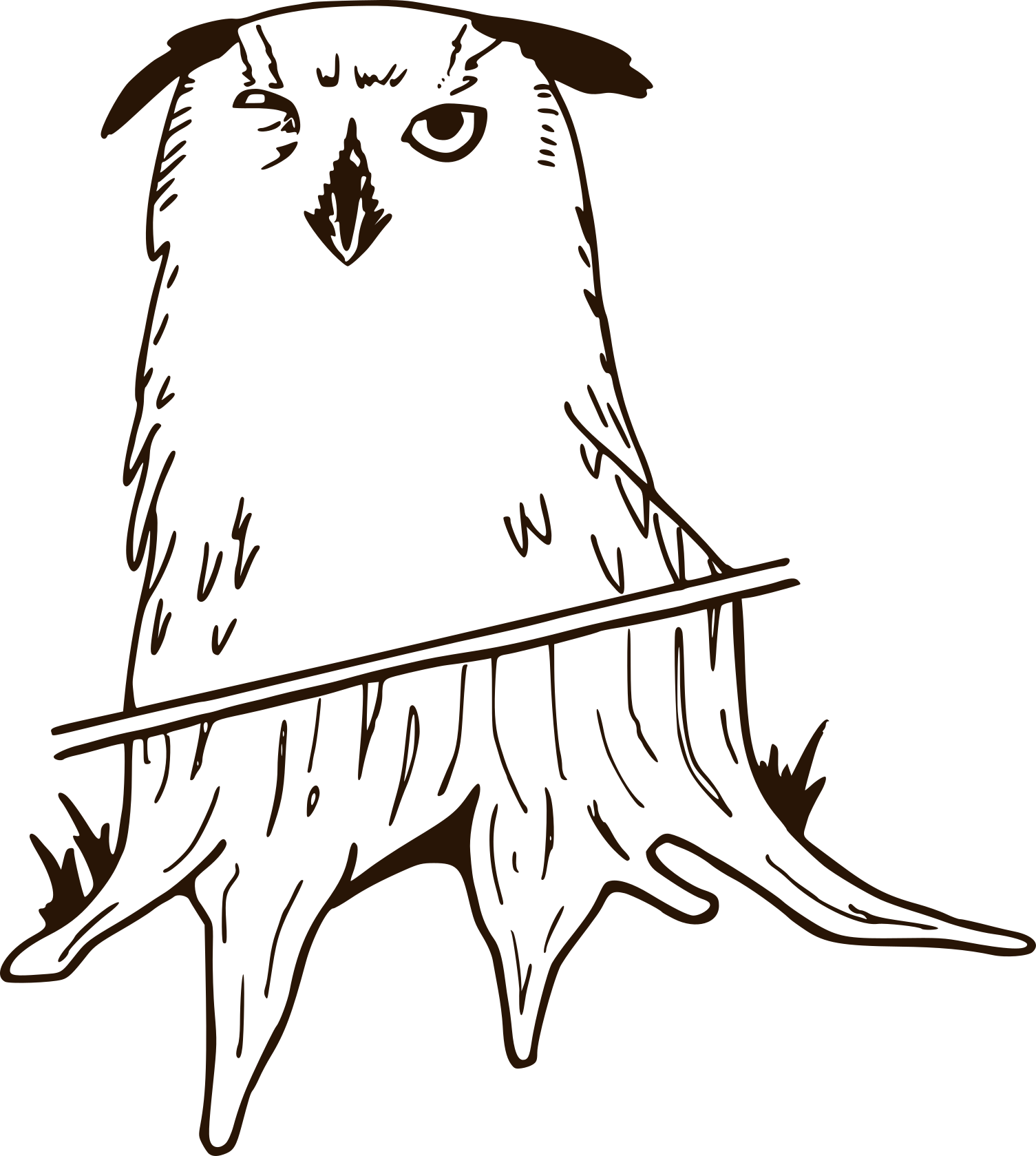 Zeichnung einer Eule die aus einem Baum geschnitzt wird.